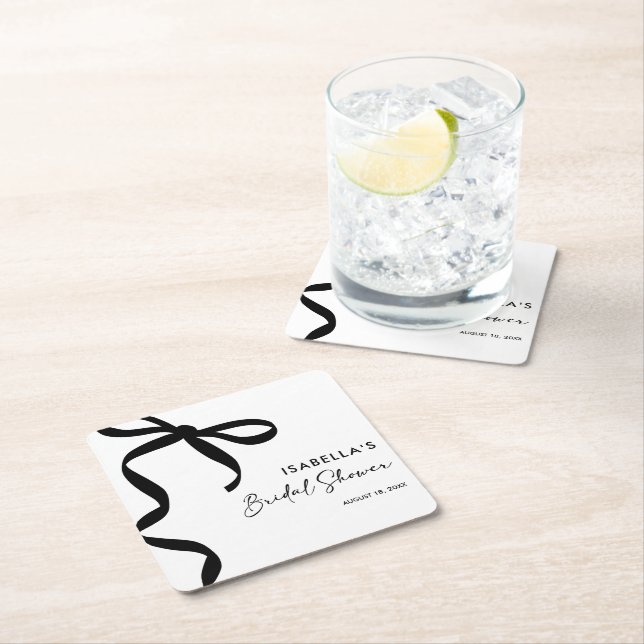 Black Bow She's Tying the Knot Bridal Shower Square Paper Coaster (Insitu)