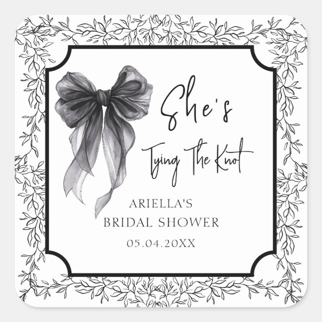 Black Bow She's Tying The Knot Bridal Shower Square Sticker (Front)