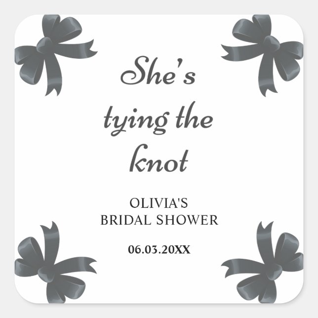 Black Bow She's Tying The Knot Bridal Shower Square Sticker (Front)