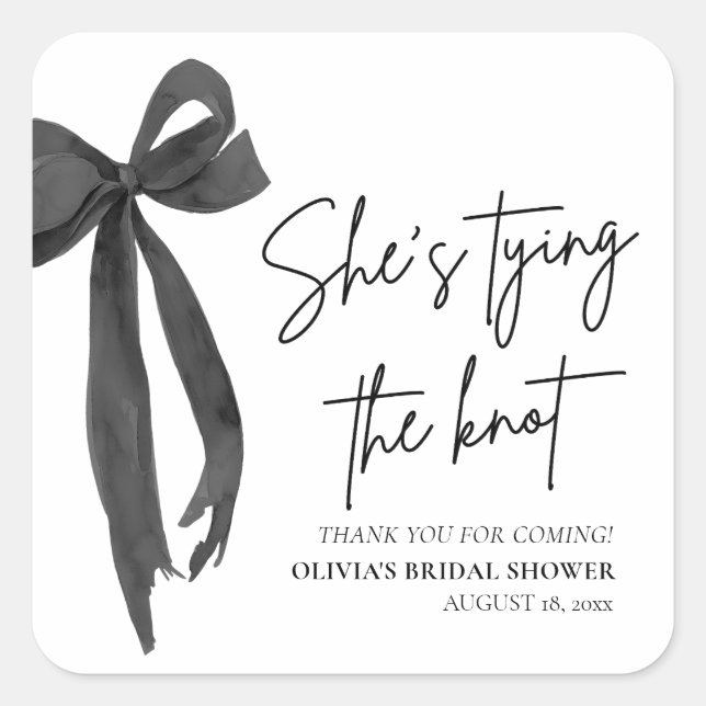 Black Bow She's Tying the Knot Bridal Shower Square Sticker (Front)