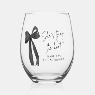 Black Bow She's Tying the Knot Bridal Shower Stemless Wine Glass
