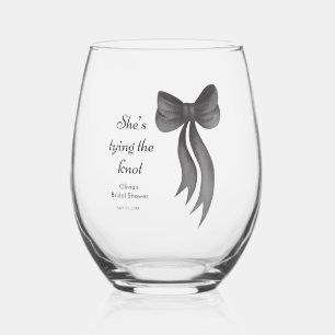 Black Bow She's Tying the Knot Bridal Shower Stemless Wine Glass