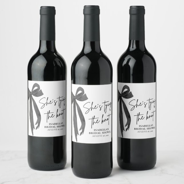 Black Bow She's Tying the Knot Bridal Shower  Wine Label (Bottles)