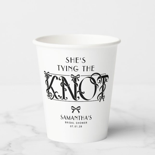 Black Bow She's Tying the Knot Chic Bridal Shower Paper Cups (Front)