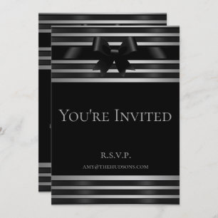 Black Bow Silver Stripes New Year's Eve Invitation