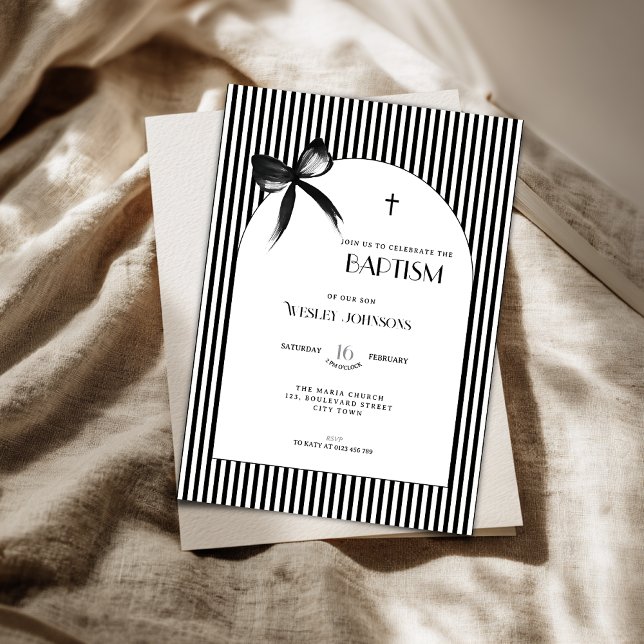 Black Bow Striped Boys Girls - Baptism Invitation (Black bow baptism invitation for gender neutral, boys and girls.)