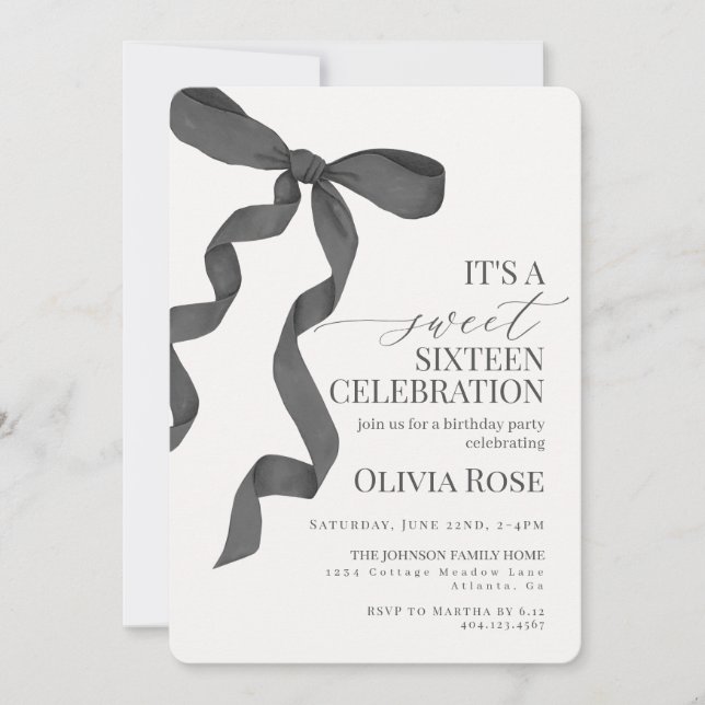 Black Bow Sweet Sixteen Birthday Party Invitation (Front)