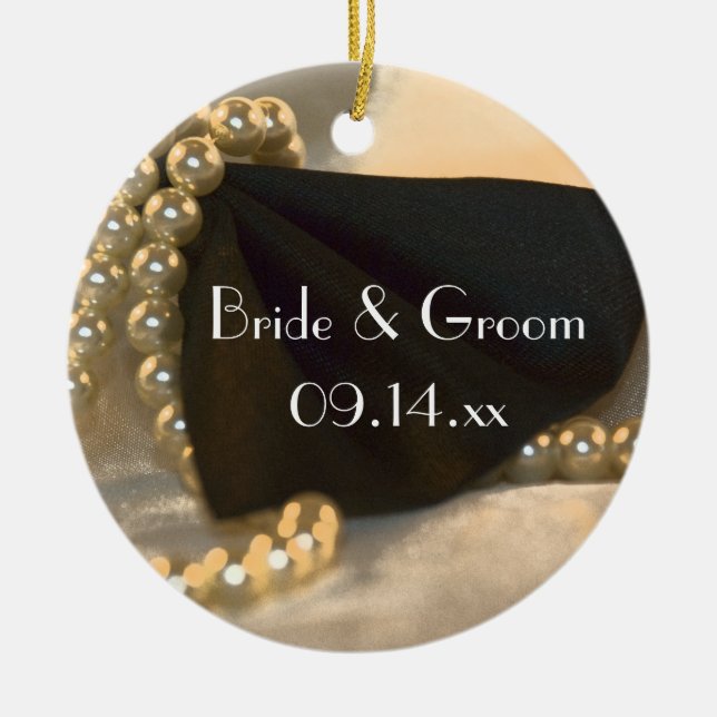 Black Bow Tie and White Pearls Wedding Ceramic Ornament (Front)