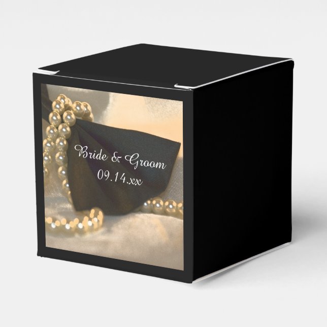 Black Bow Tie and White Pearls Wedding Favor Box (Front Side)
