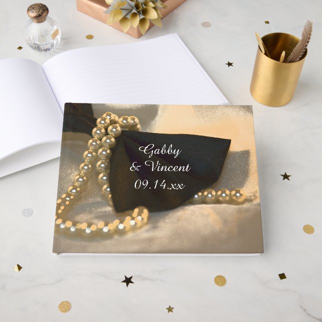 Black Bow Tie and White Pearls Wedding Guest Book (Front Open)