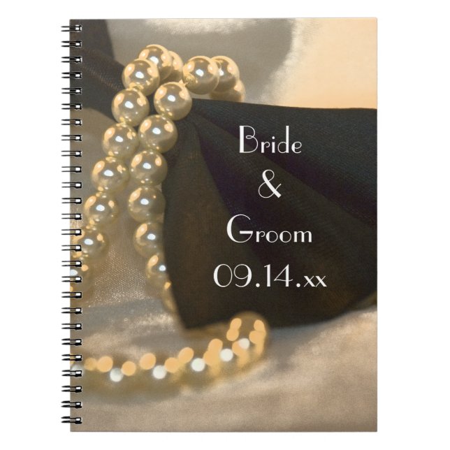 Black Bow Tie and White Pearls Wedding Notebook (Front)