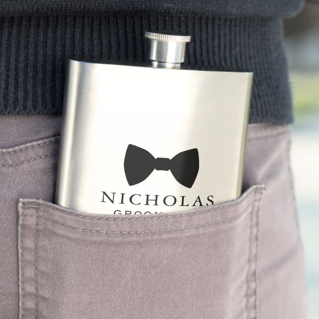 Black Bow Tie Groomsman Personalized Wedding Hip Flask (In Situ)