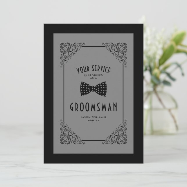 Black Bow Tie Groomsman Vintage Flourish Proposal (Standing Front)