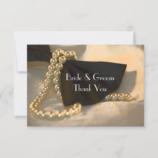 Black Bow Tie Pearls Wedding Flat Thank You Note Invitation (Front)