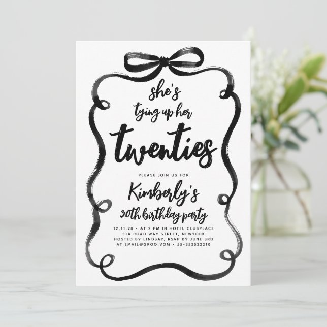 Black Bow Tying Up Her Twenties 30Th Birthday Invitation (Standing Front)