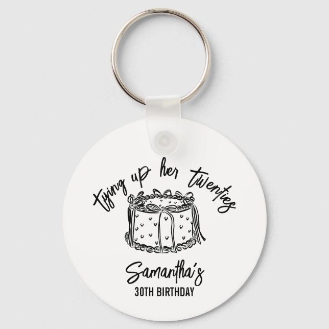 Black Bow Tying Up Her Twenties 30th Birthday Keychain (Front)
