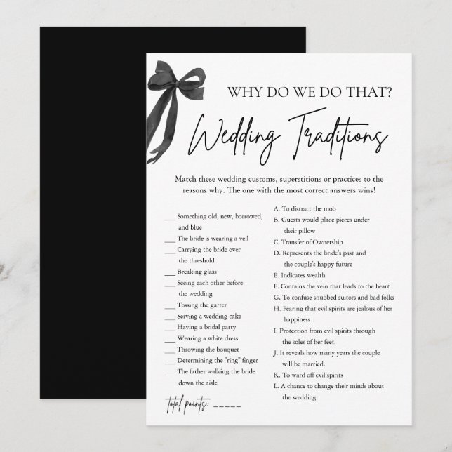 Black Bow Wedding Traditions Bridal Shower Game Invitation (Front/Back)