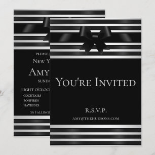Black Bow White Stripes New Year's Eve Invitation