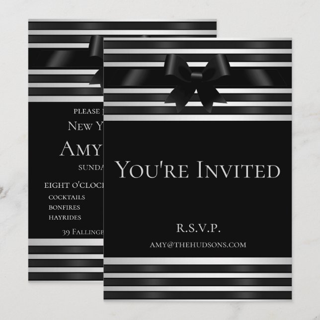Black Bow White Stripes Nouvel An's Eve Invitation (Devant / Derrière)
