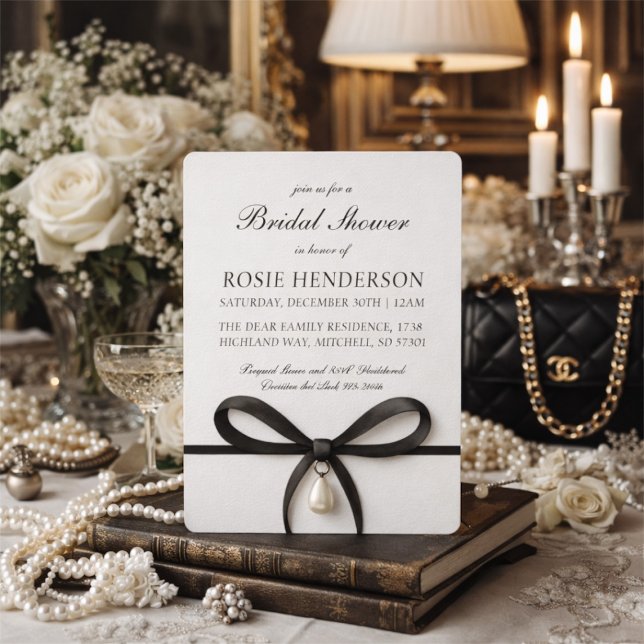 Black Bow With Pearl Old Money Style Bridal Shower Invitation (Black Bow With Pearl Old Money Style Bridal Shower Invitation!)