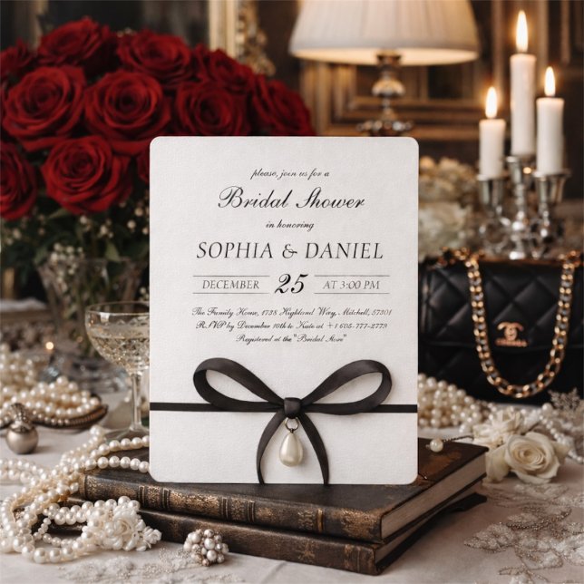 Black Bow With Pearl Old Money Style Bridal Shower Invitation (Black Bow With Pearl Old Money Style Bridal Shower Invitation!)
