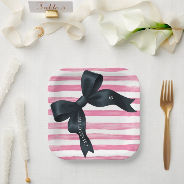 Black Bow with Pink White Stripe Birthday Paper Plate (Wedding)