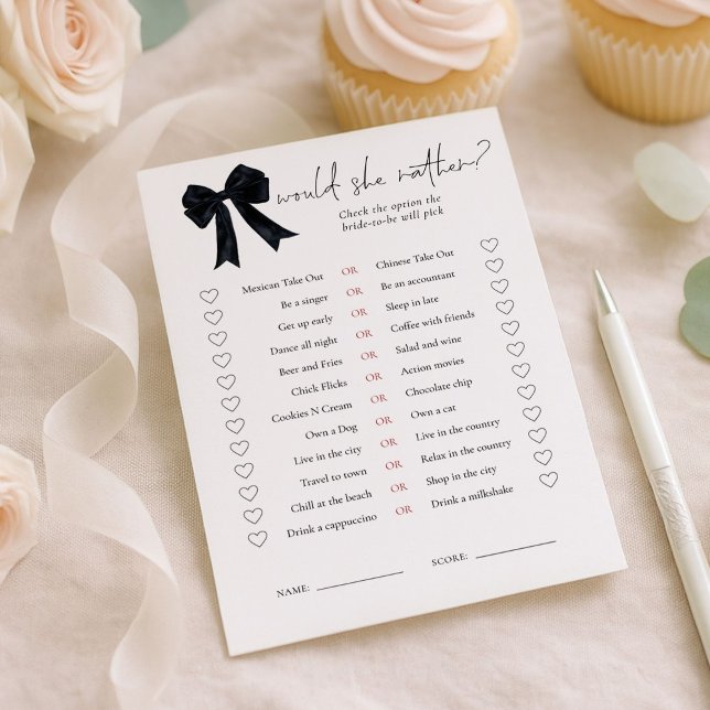 Black Bow Would She Rather Bridal Shower Game Card (Creator Uploaded)
