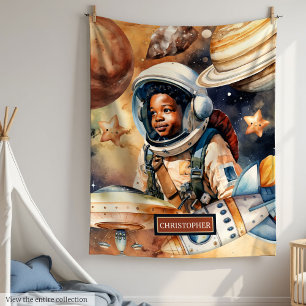 Black Boy Astronaut Blanket Watercolor Space Gift