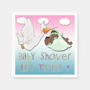 Black Boy & Girl Twins - Stork Baby Shower Paper Napkin
