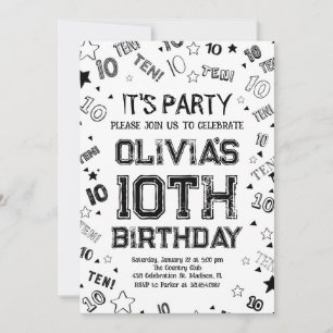 Black Boy Number Ten Birthday Party Invitation