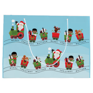 Black Boy on Christmas Train Large Gift Bag