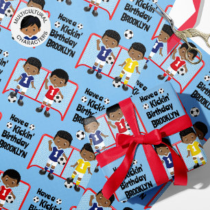 Black Boy Soccer Birthday Personalized Wrapping Paper