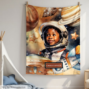 Black Boys’ Rocket Blanket Watercolor Bedroom Gift
