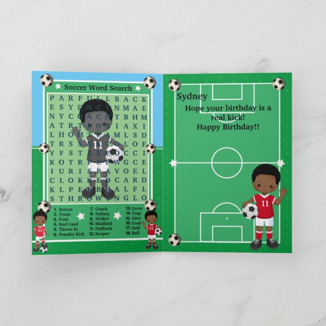 Black Boys Soccer Word Search Happy Birthday Card (Inside)