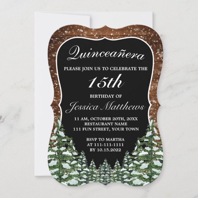 Black Bracket Snowy Forest Pine Tiara Quinceañera Invitation (Front)