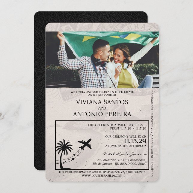 Black Brazil Passport Wedding Invitation (Front/Back)