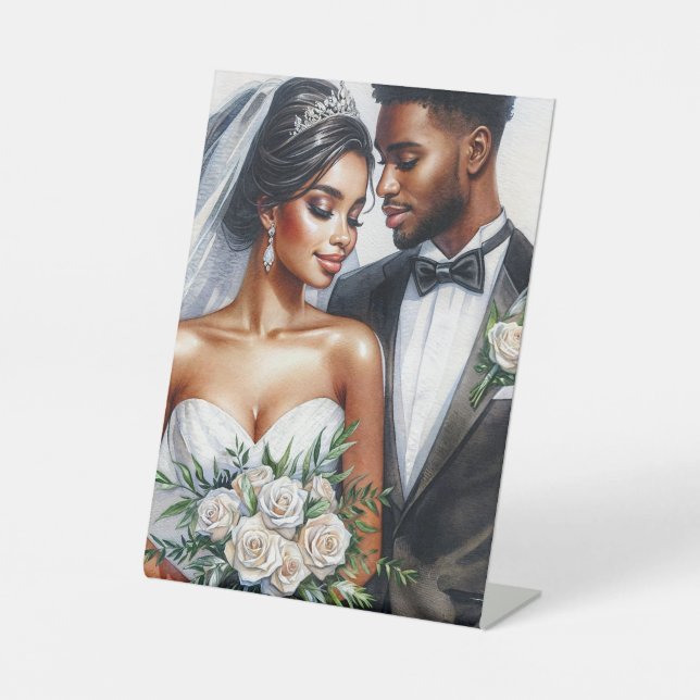 Black Bride and Groom Afro Wedding Pedestal Sign (Front)
