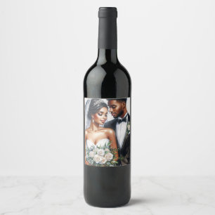 Black Bride and Groom Afro Wedding Wine Label