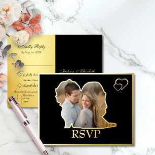 Black Bride and Groom Shape Photo Wedding RSVP Foil Invitation Postcard