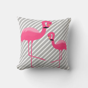 BLACK BRIGHT PINK FLAMINGO White Grey Stripe Throw Pillow