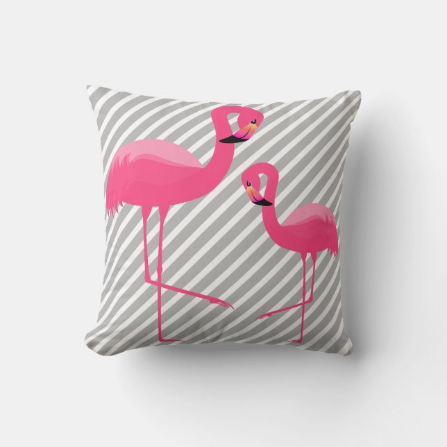 BLACK BRIGHT PINK FLAMINGO White Grey Stripe Throw Pillow (Front)