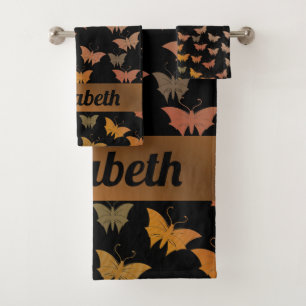 black bright, shiny, butterflies, exclusive bath t towel set