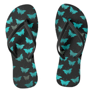 black bright, shiny, butterflies, exclusive flip flops