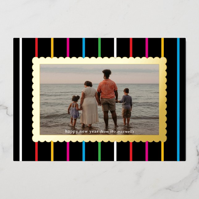 Black Bright Stripes and Scallops Landscape Photo Foil Holiday Card (Front)