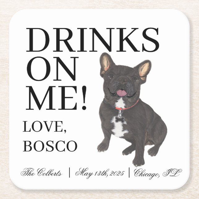 Black Brindle Frenchie French Bulldog Wedding Square Paper Coaster (Front)
