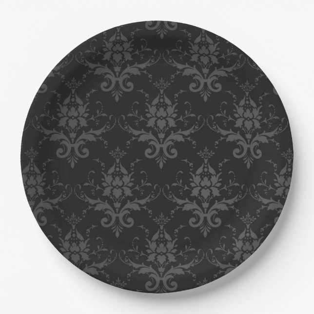 Black Brocade Pattern Gothic Paper Plate (Front)