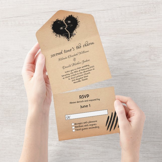Black Broken Heart Second Marriage Wedding All In One Invitation (Tearaway)