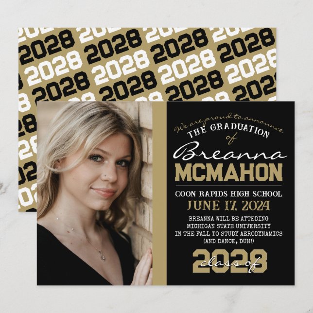 Black & Bronze Gold Graduation Photo Announcement (Front/Back)