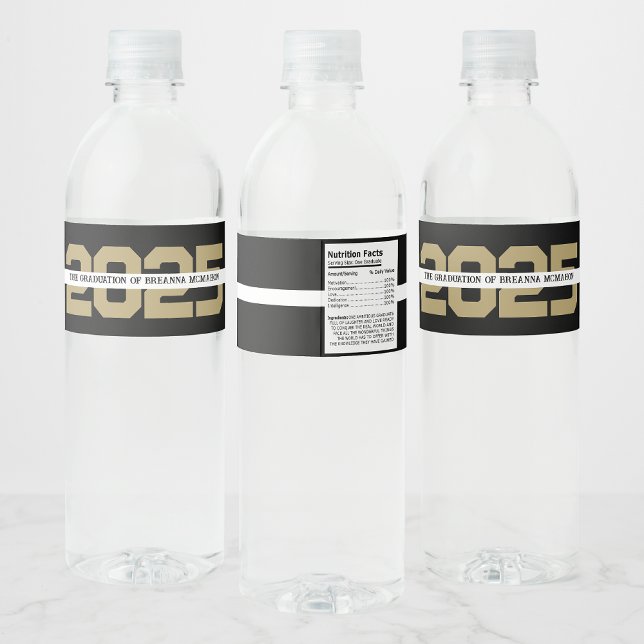 Black & Bronze Gold Personalized Graduation Water Bottle Label (Creator Uploaded)