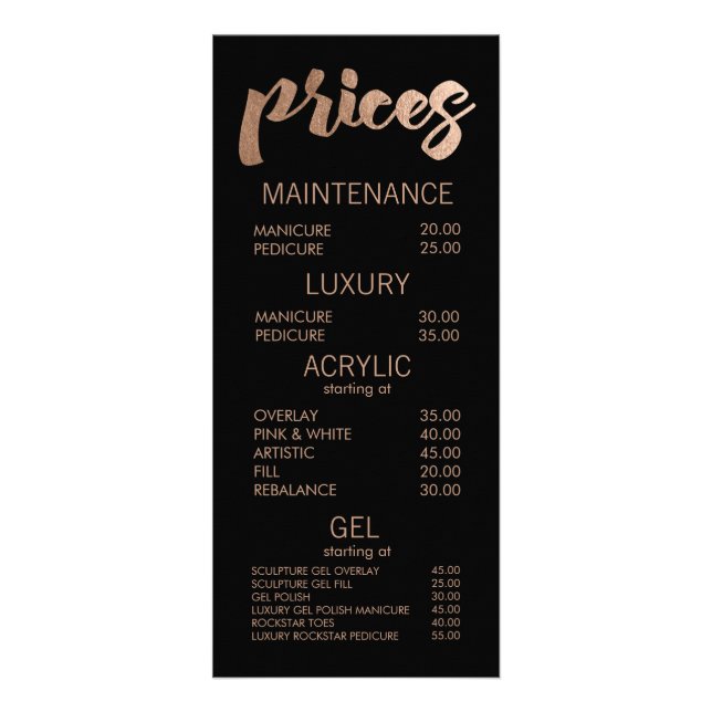 Black & Bronze Salon Menu Price List Cards (Front)